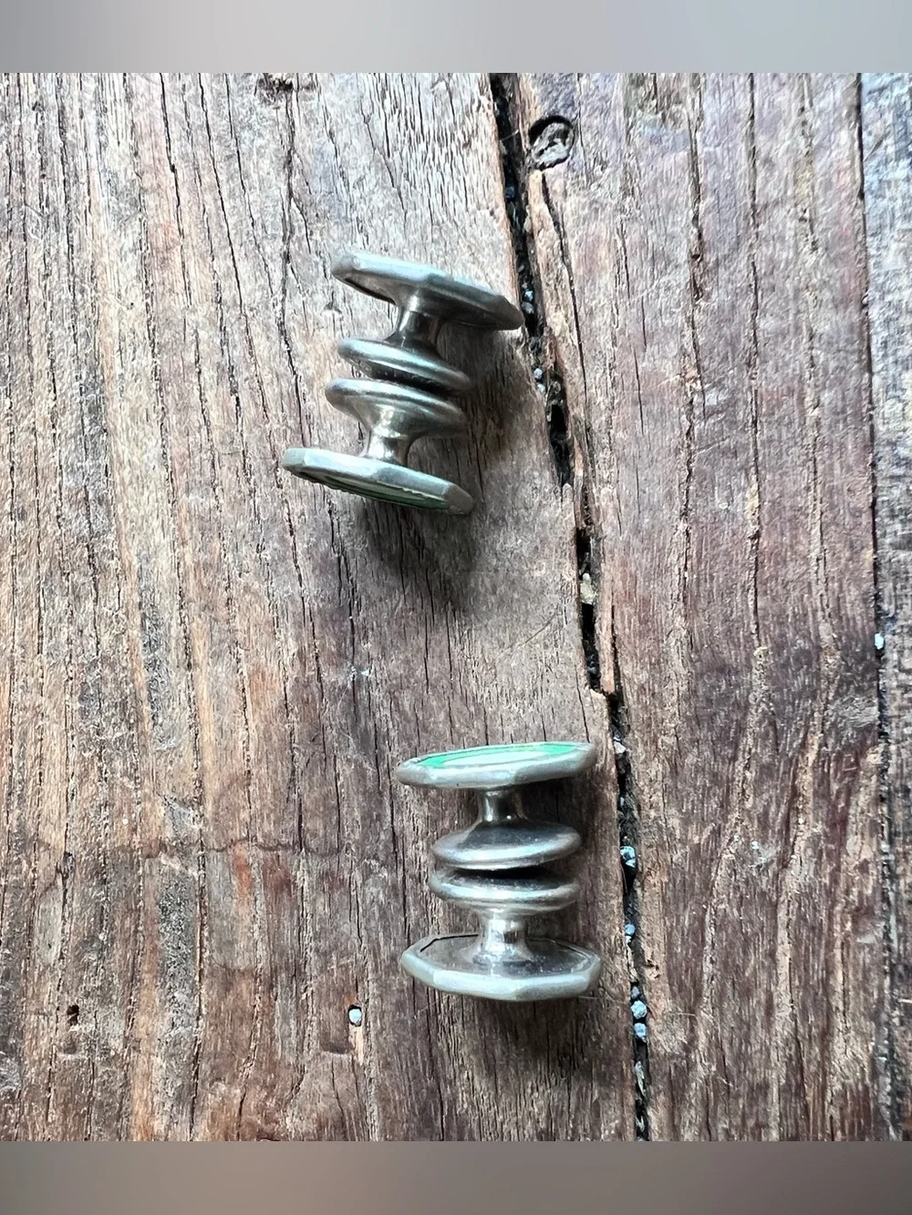Antique Art Deco SNAP-LOCK Men's Octagonal Silver and Green Enameled Cuff Links,